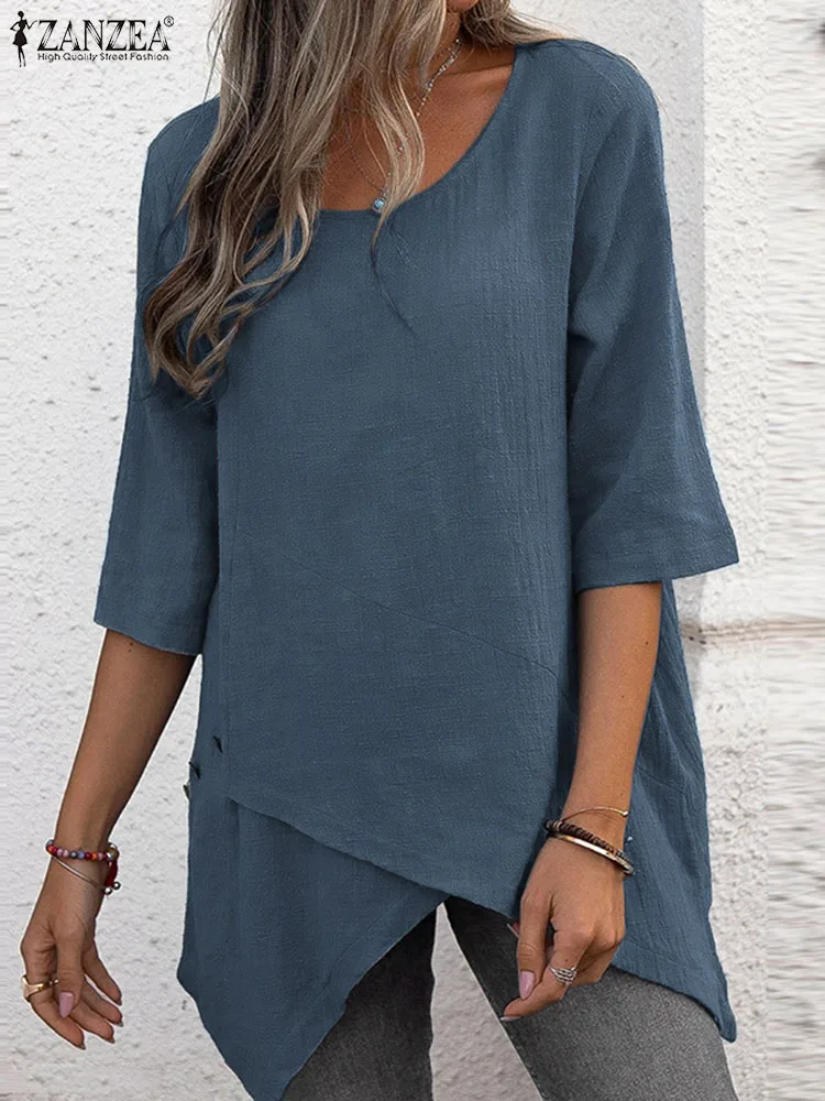 

Модная однотонная блузка ZANZEA на пуговицах, Женские Простые топы с круглым вырезом и рукавами 3/4, повседневные свободные Асимметричные рубаш...