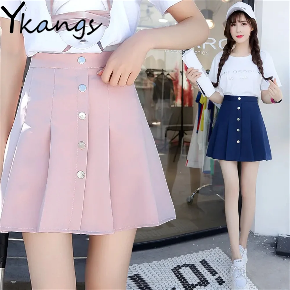 

A-Line Skirts Korean Trendy Simple Kawaii Pleated Skirt Women Buttons High Waist Cute Solid Color Sweet Elegant Lady Short Skirt