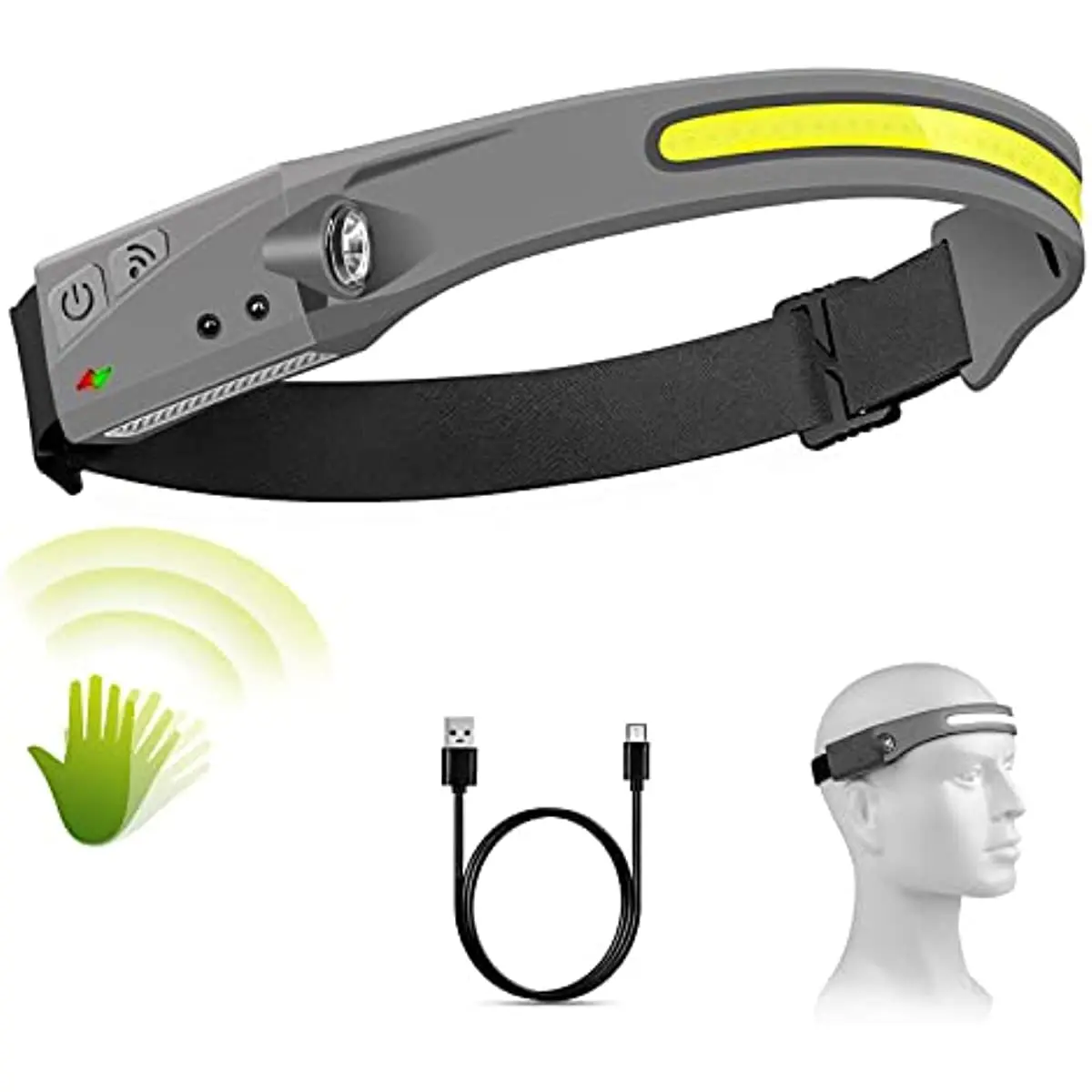LED Headlamp Rechargeable Headlamps with 230°Wide Beam Headlight with Motion Sensor Bright 5 Modes Lightweight Sweat