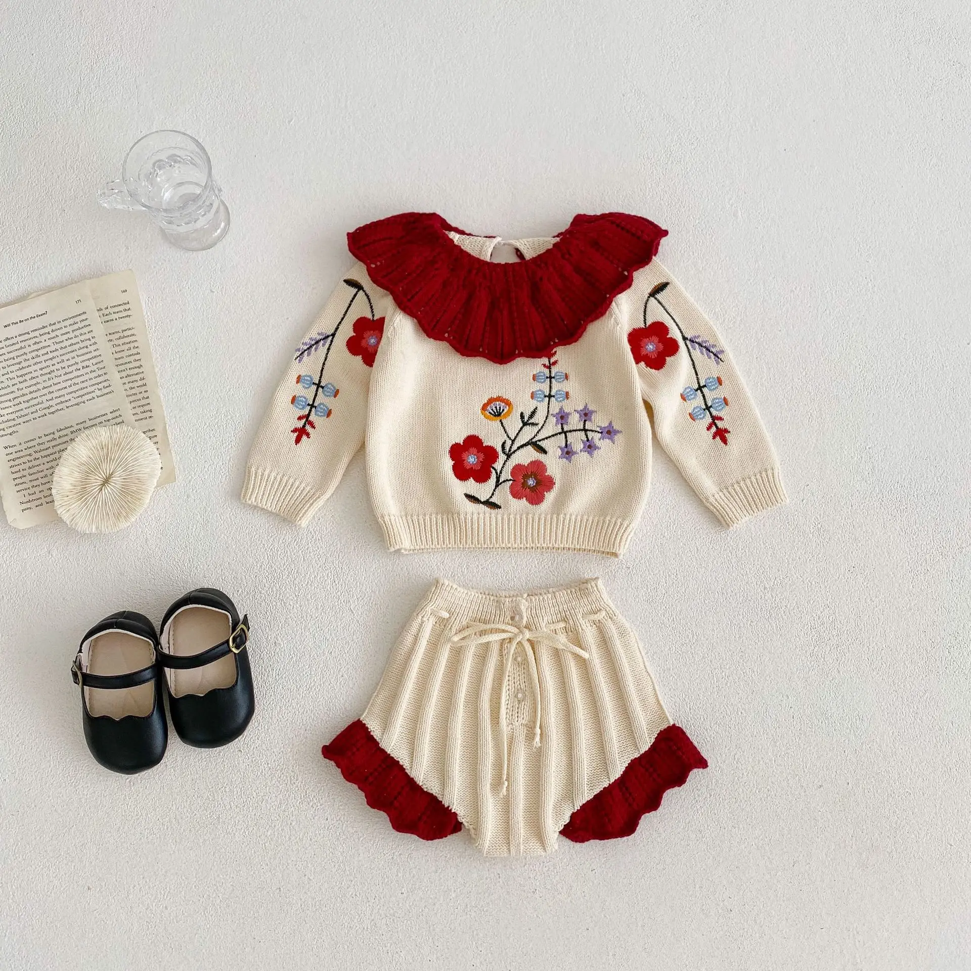 Baby Spring and Autumn Clothing New Baby Girl Knit Set Embroidery Lotus Collar Top Lace Pants Two Piece Set Sweater