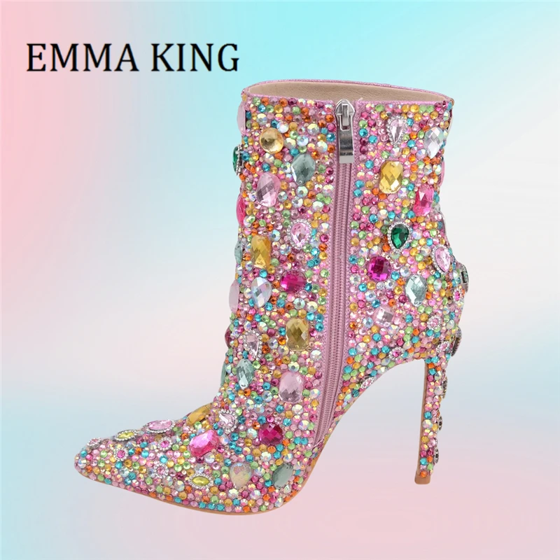 Женские разноцветные ботильоны с инкрустацией бриллиантами женские ботинки на