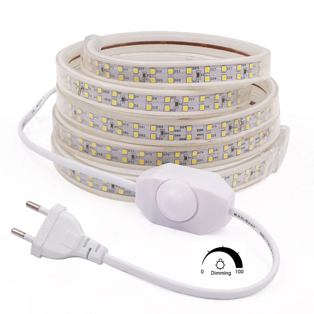 Dimmerable LED Strip AC 220V IP67 Waterproof SMD 2835 120LEDs/m UK/EU White Pink Yellow Blue Flexible Ribbon Tape Rope Lights