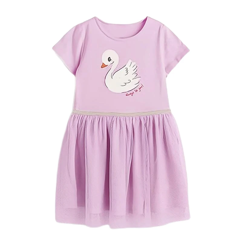 

2023 Baby Girls Summer Lovely Purple Dress with Swan Mesh Pretty Princess Dress for Kids 2-8 Year