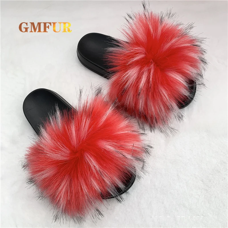 Ladies Slippers Summer New Style Faux Fox Fur Slides Indoor Outdoor Beach Shoes Female Raccoon Soft Plush Flip flop Sandal Women