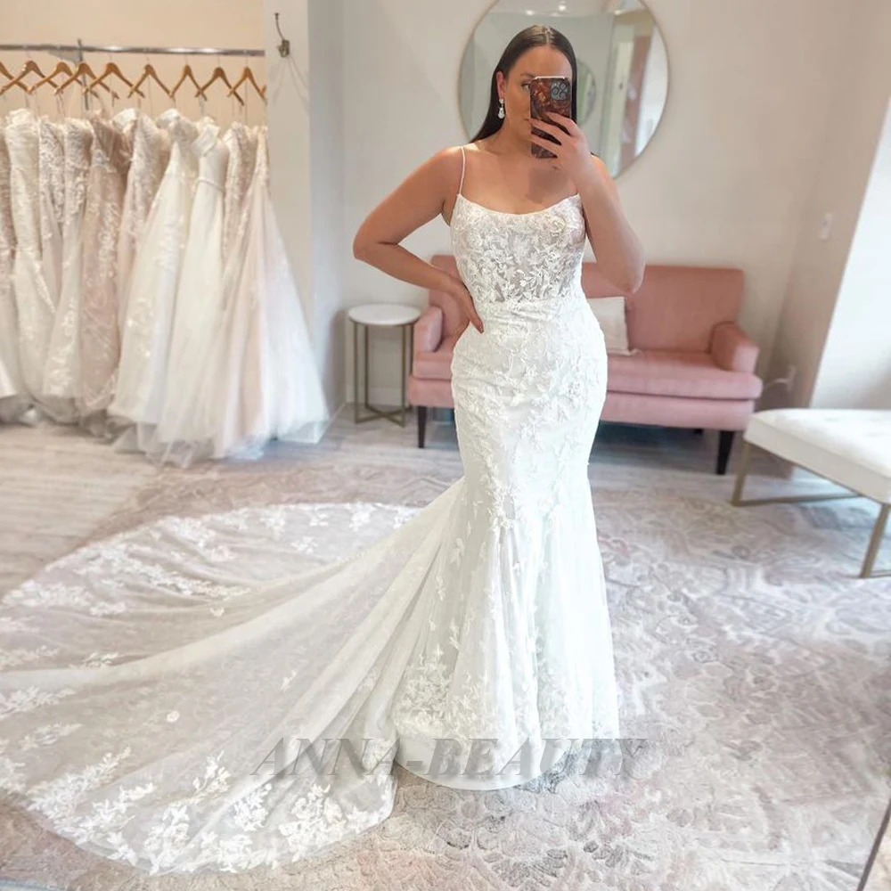 

Anna Glamorous Strapless Wedding Dress For Bride Lace Appliques Meramid Sleeveless Attractive Brush Train Robe De Mariée