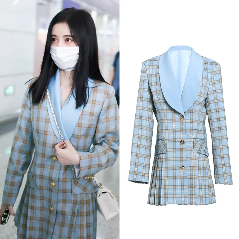 

[Spot] Ju Jingyi the same 2023 spring new age reduction fashion niche plaid slim suit dress female