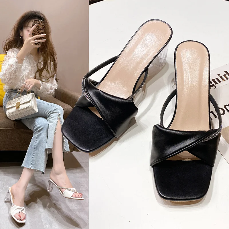 

2022 Summer Women's High Heels Sexy Sandals Open Toe Square Toe High Heels Women's Transparent Slippers Comfortable Sandals New