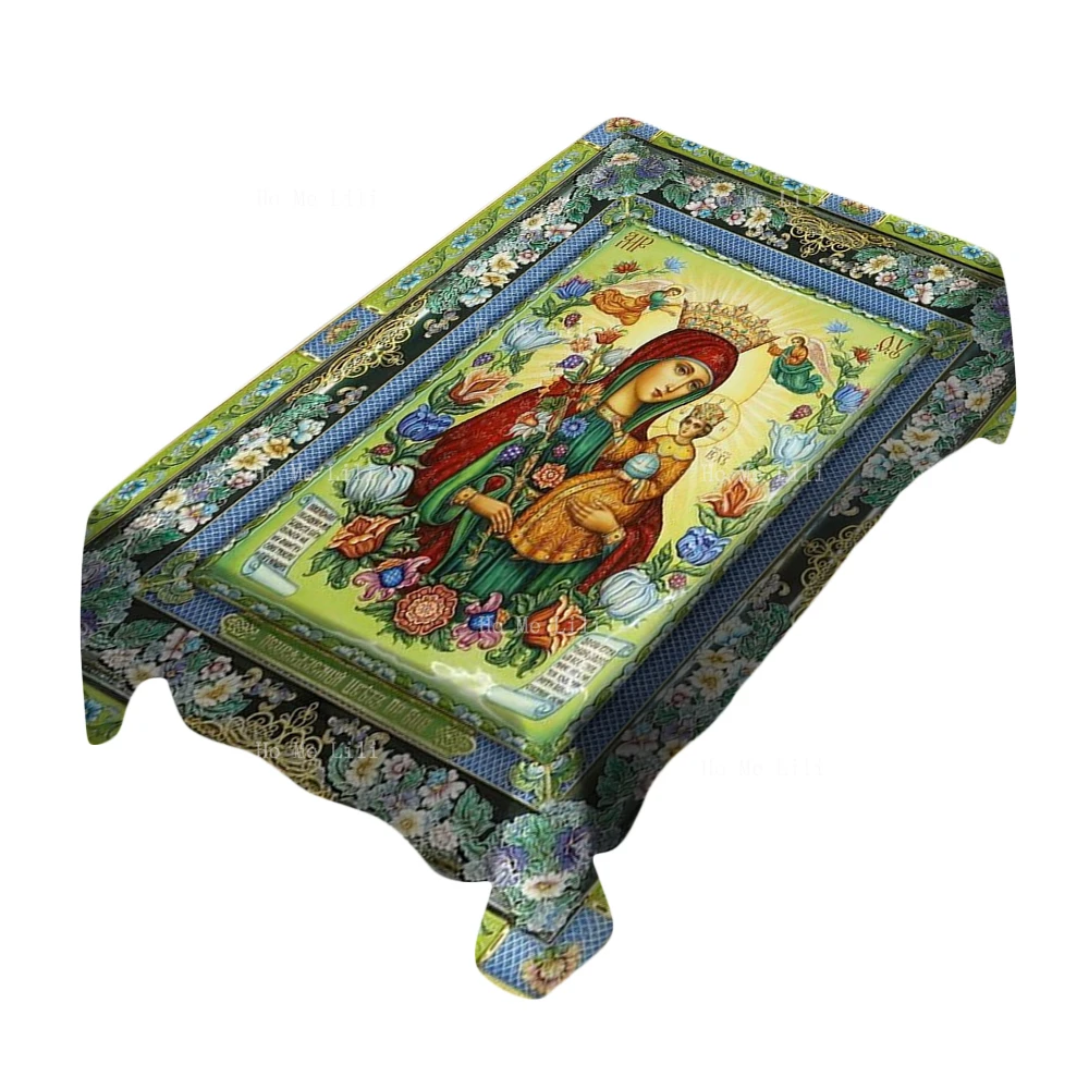 

Russian Virgin Mary Our Lady Of The Immortal Flower Orthodox Icon Rectangle Tablecloth By Ho Me Lili For Tabletop Decor