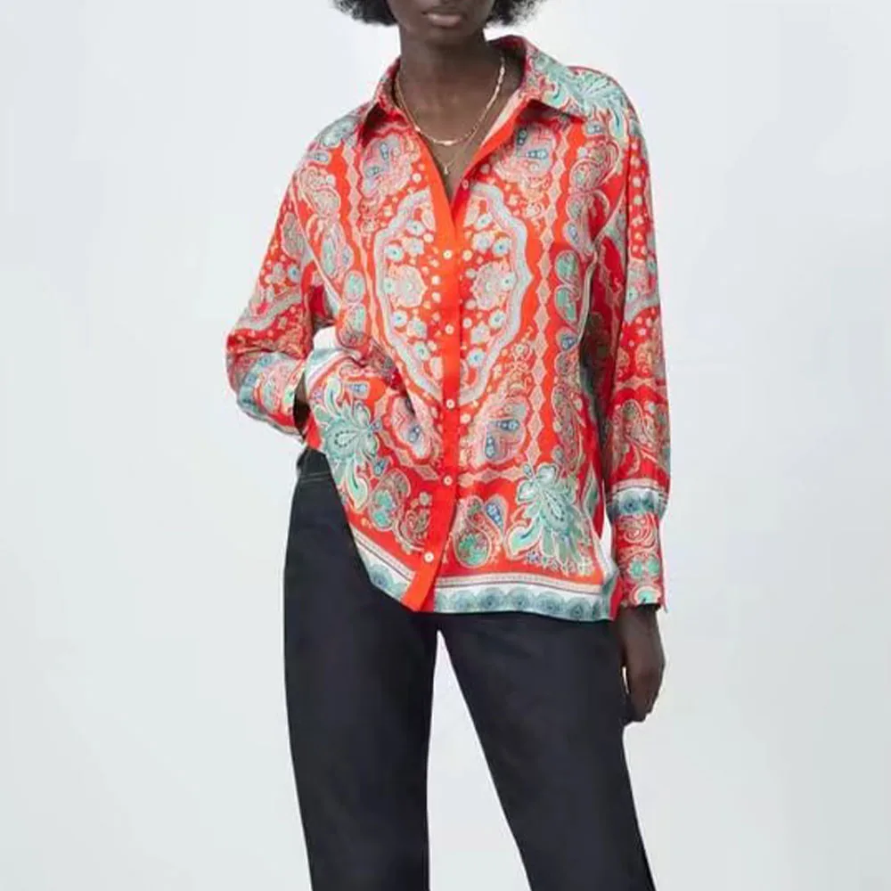 

Women's 2022 Fashion New Printed Loose Shirt Casual Retro Versatile Long Sleeve Button Down Female Chic Tops Mujer