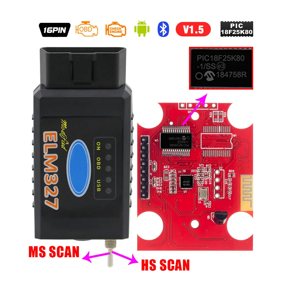 ELM327 USB FTDI HS CAN и MS V1.5 OBD2 Диагностический кабель PIC18F25K80 чип ELM 327 оборудование 1 5 Bluetooth