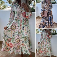 women dress fashion turn down collar colorful flower print bohemia style maxi dress spring summer casual long sleeve loose dress