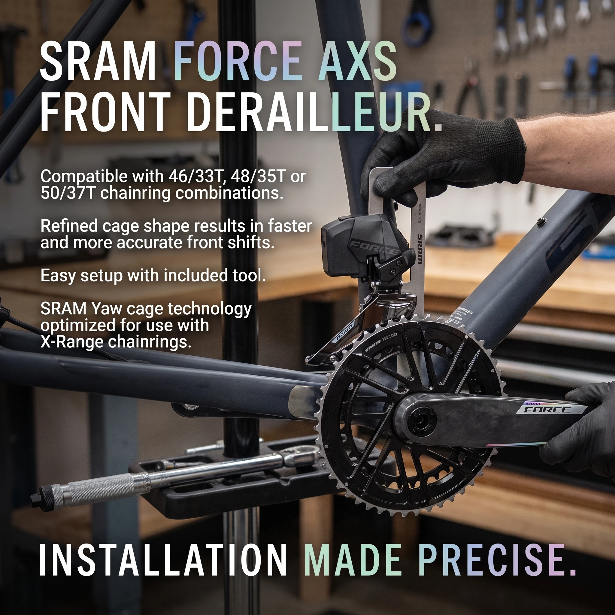 Фото SRAM Force AXS 12-скоростной переключатель передач FD |   Простая установка с использованием инструментов |   Крепление на защелках или зажимах |   Цепь 45 мм |   Совместимые шестерни 46/33T 48/35T 50/37T |   AXS №1