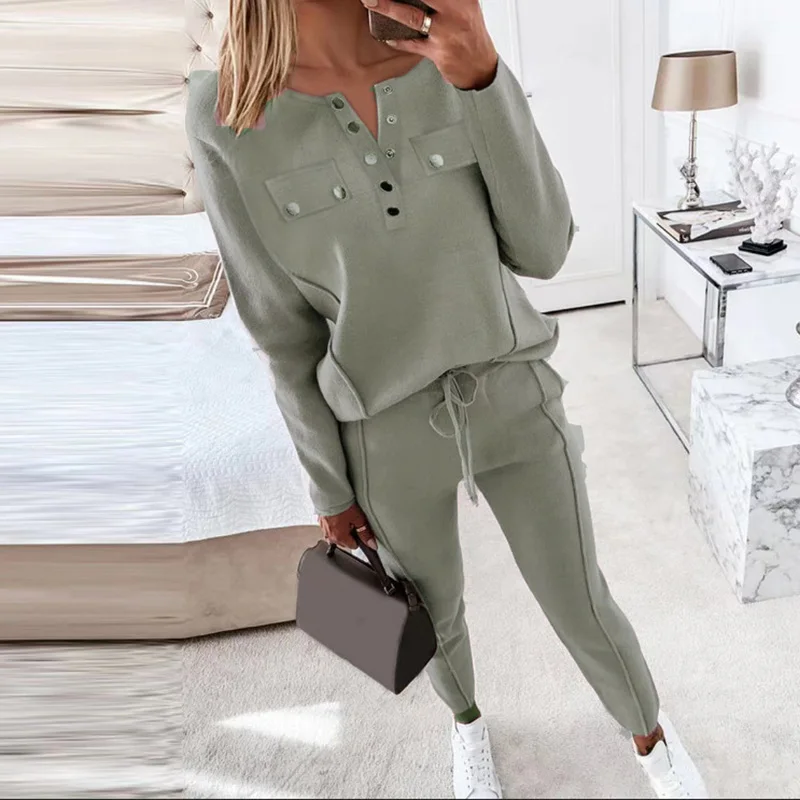 

Winter Elegant Long Sleeve Office Outfit Women Slim Solid 2pc Set Casual Button V-neck Pullover with Drawstring Pencil Pant Suit
