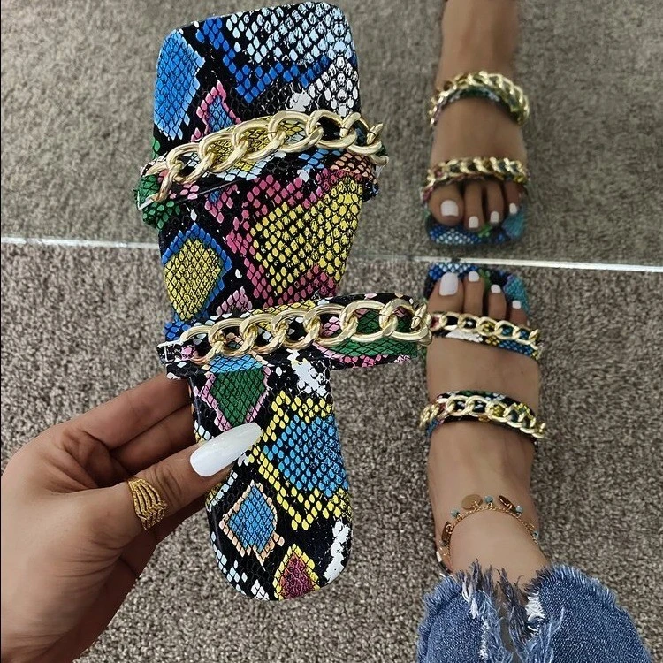 

Сандалии женские из экокожи, Классическая обувь со змеиным рисунком, удобные туфли с открытым носком, плоская подошва, Тапочки