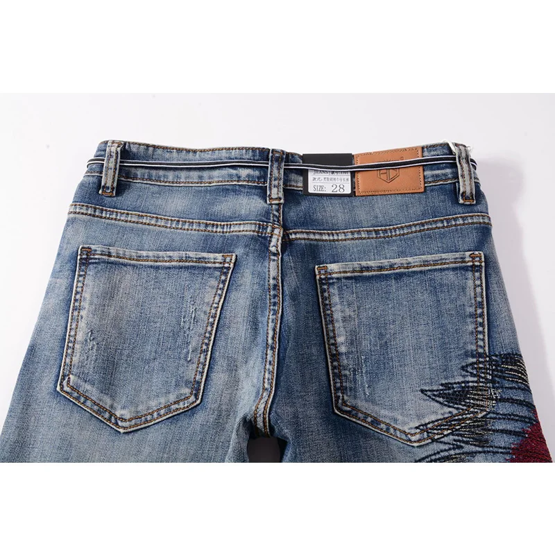 New Fashion Men's Jeans Indian Embroidery Hole Grinding Straight Elastic Jeans Streetwear Men Denim Pants