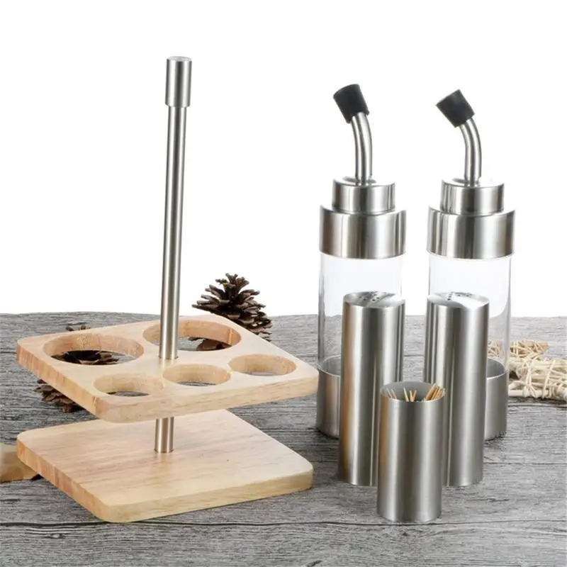 

Wood Base Seasoning Bottle Set With Wooden Rack Translucent Pepper Bottle Holder Kitchen Tools For Oil Salt Vinegar Soy Sauce