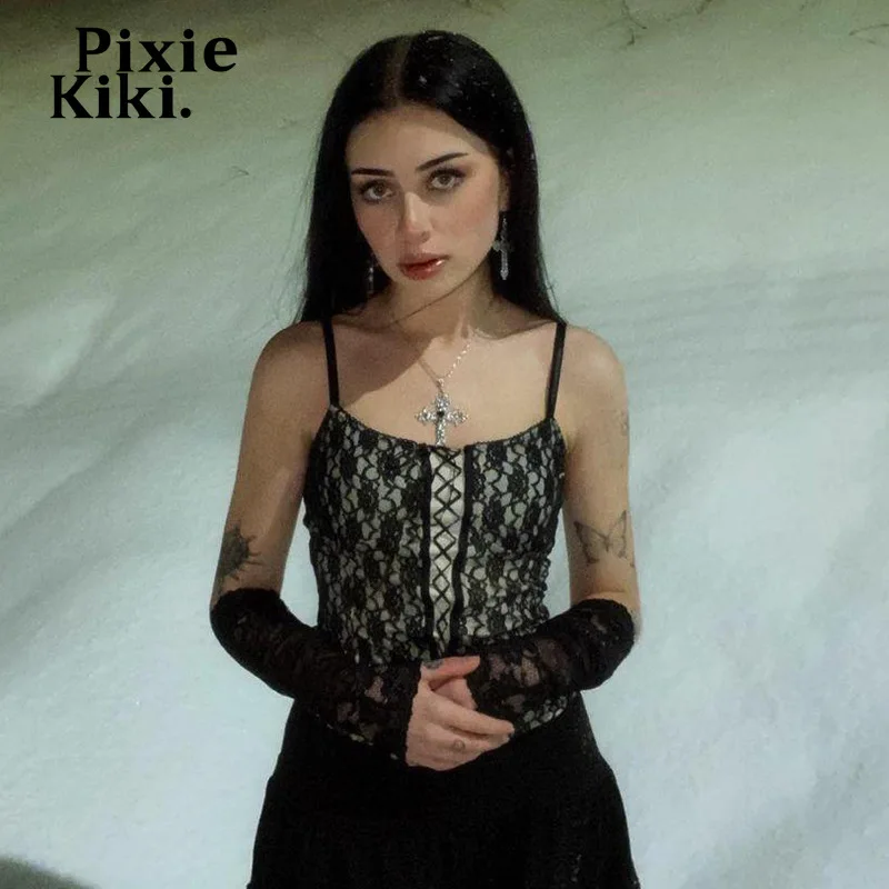

PixieKiki Fairy Grunge Black Lace Crop Top with Arm Sleeves Vintage Y2k Camisole Indie Clothes Cute Corset Tank Tops P77-CE11