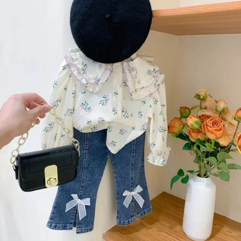

Girls Clothes Set Autumn Spring Korean Fashion Sets Kids Girls Clothes Sets Cute Floral Shirt+Bow Jeans 2pcs Suit Casual Outfits