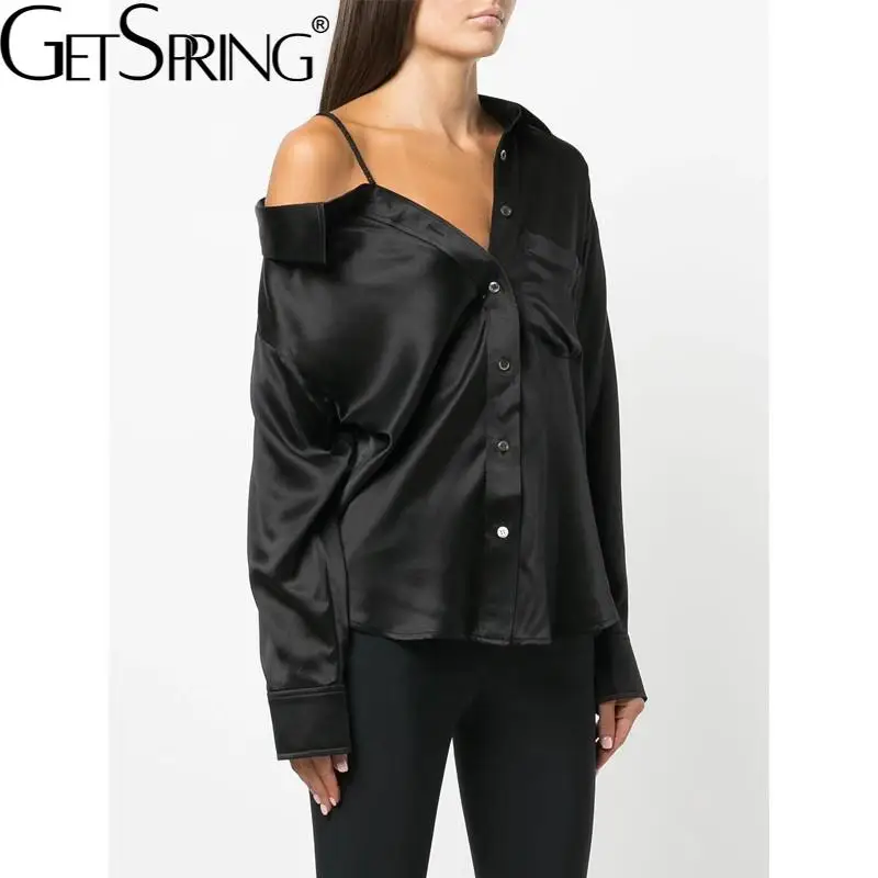 

Getspring Women Shirt Asymmetry Off Shoulder Fashion Blouse Tops Long Sleeve Vintage Casual Top Spring Women's Clothing 2022