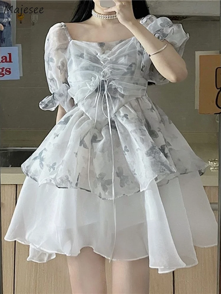 

Бальное платье, платья для женщин, красивое мини-платье принцессы с пышными рукавами, милый бандажный дизайн, летняя мода, корейский стиль, Повседневный шик