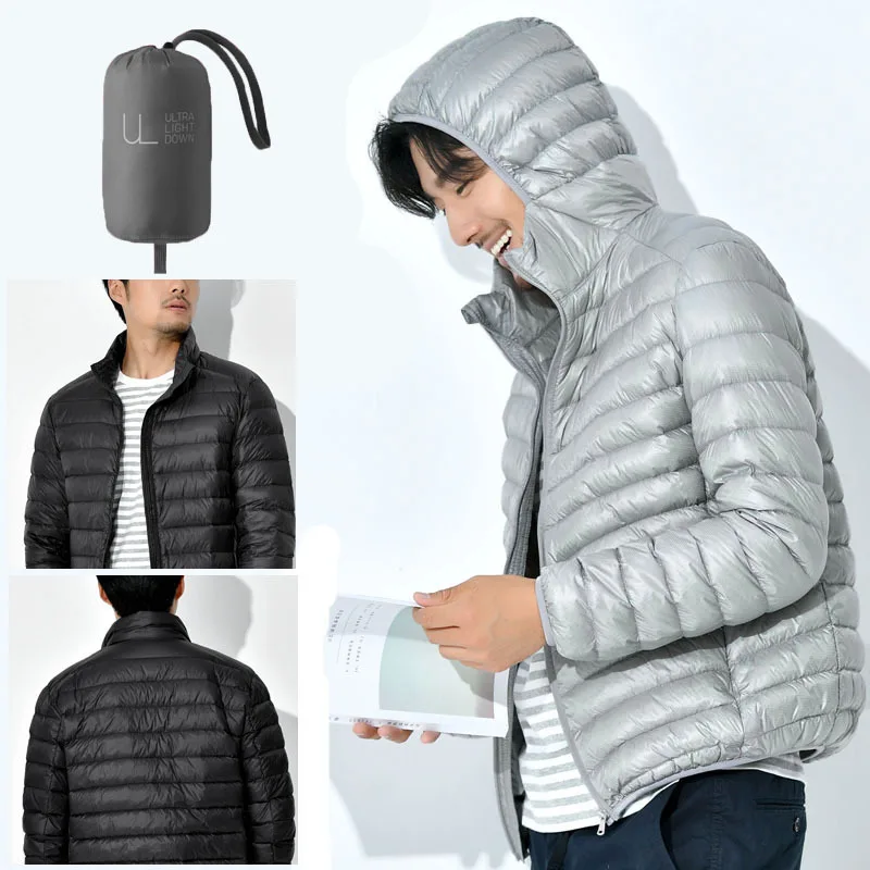 winter down jacket, men's short, light and thin, business trend, hooded, thickened white duck down men's coat