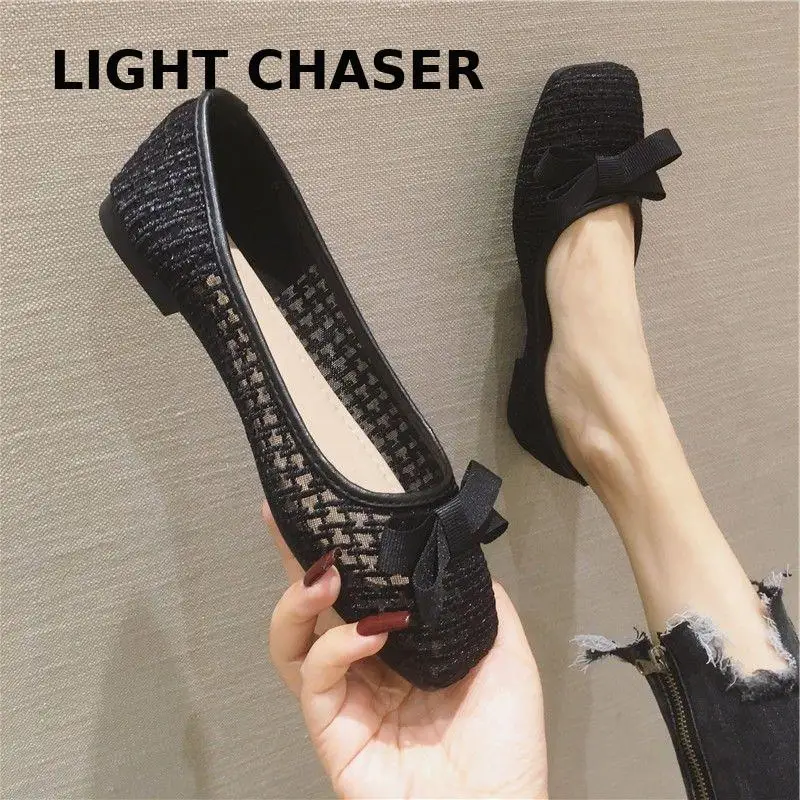2022 Spring Summer New Square Head Shallow Mouth Women's Shoes Breathable Hollow Loafer Fashion Casual Flat Mesh Shoes Zapatos