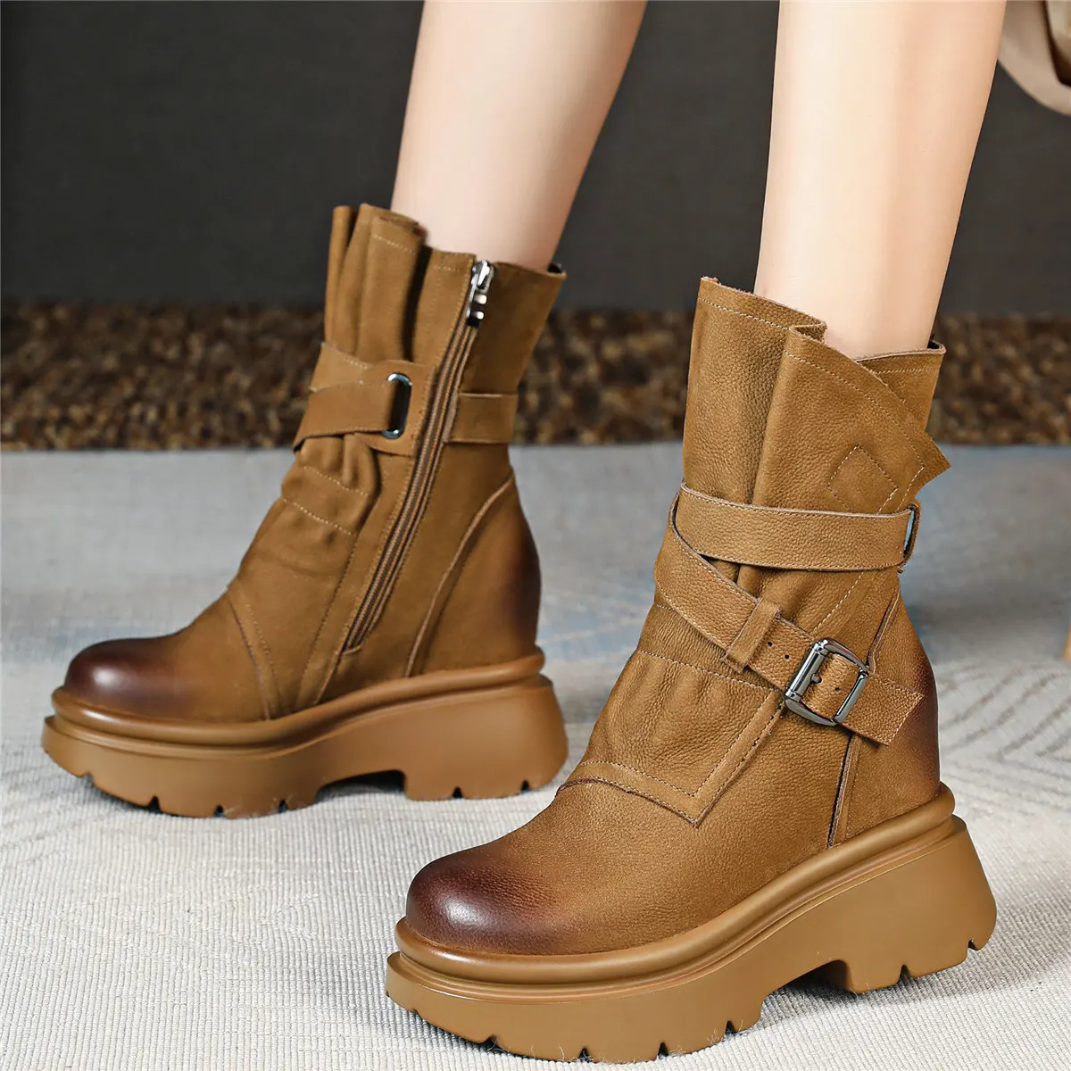 Winter Fashion Sneakers Women Genuine Leather Wedges High Heel Ankle Boots Female High Top Round Toe Platform Pumps Casual Shoes