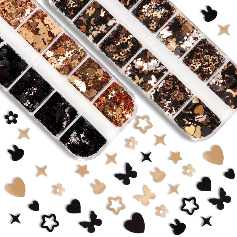 

UV Epoxy Resin Filler Retro Black Gold Resin Shaker Filling Butterfly Bunny Stars Heart Shape Sequin Nail Art Decor Handmade DIY