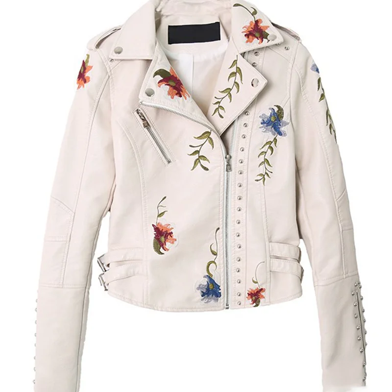 

Floral Embroidery Faux Soft Leather Jacket Women Spring Fall Winter Pu Motorcycle Coat Black Punk Biker Rivet Pocket Outerwear