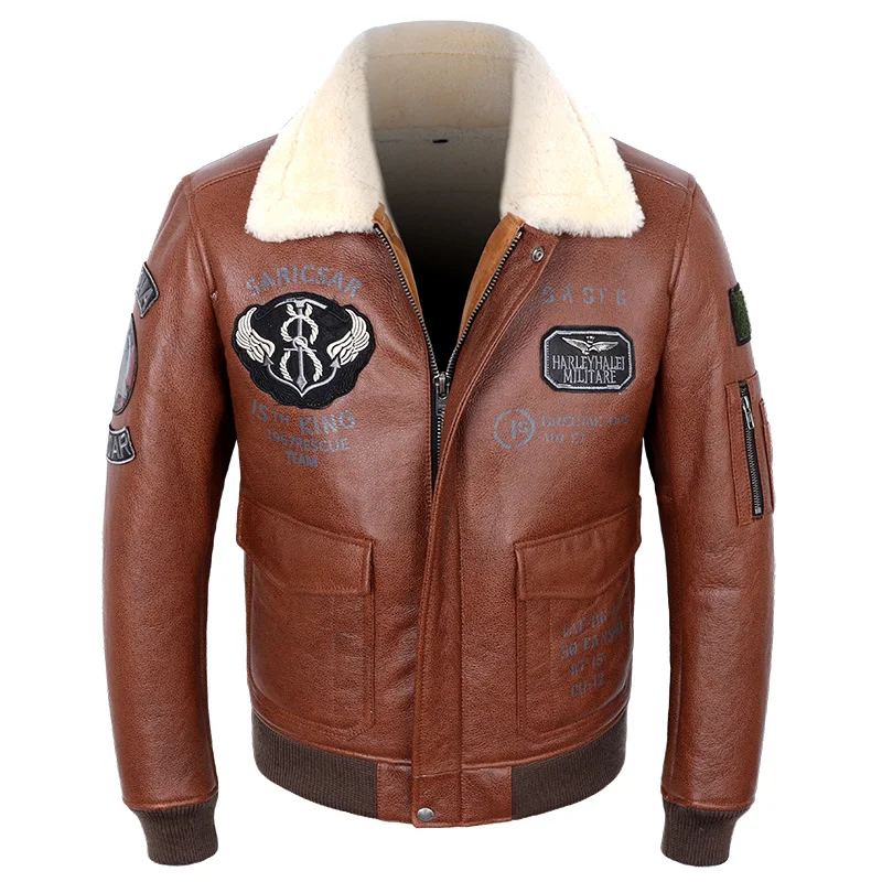 

Quality Men's Genuine Leather High Aviator Bomber Jacket Real Sheepskin Shearling Letter Print Patch Winter Thick Warm Sheep Woo