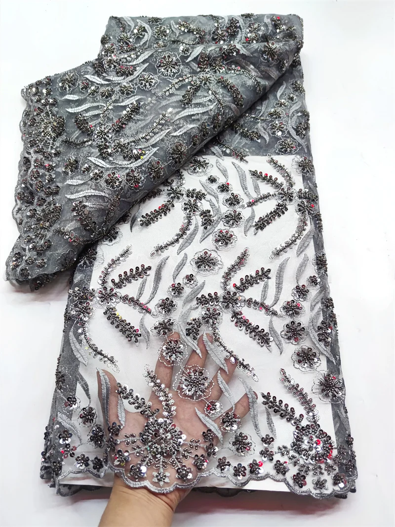 

Luxury Gray Handmade Embroidery Beaded Lace High Quality African High Quality Tulle Sequins Lace Fabric For Party Dress Sewing