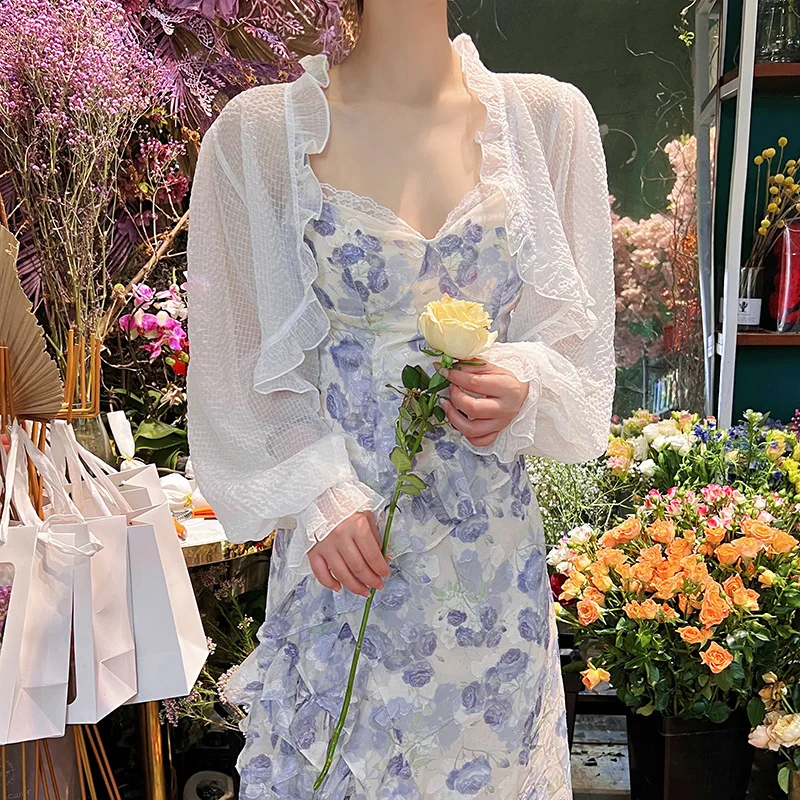 

2022 Summer New Fashion Casual All-match Multi-layer Lotus Leaf Large Flower Suspender Dress Sweet Little Fragrance Long Skirt