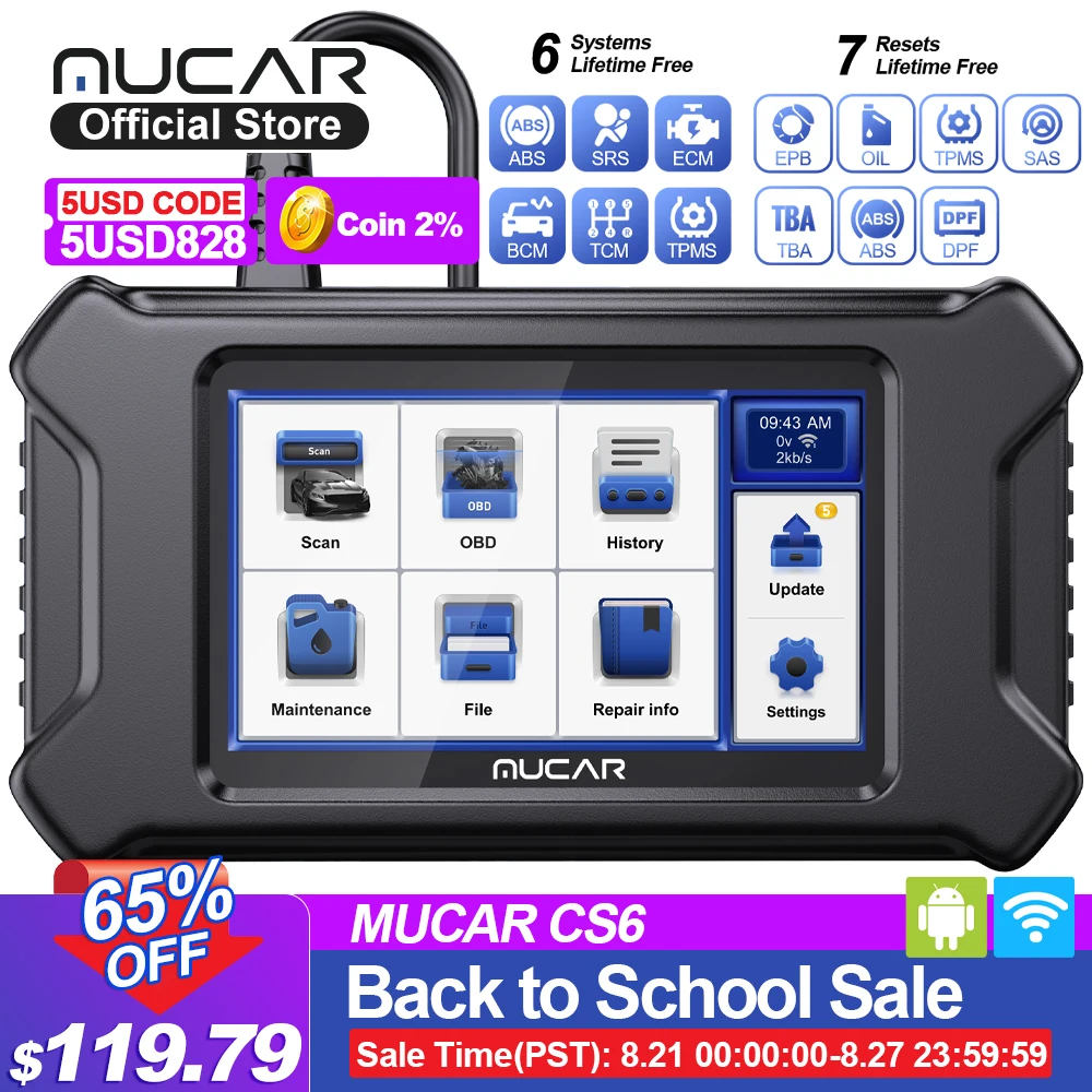 Диагностический сканер MUCAR CS6 Obd2, профессиональный автомобильный диагностический прибор «сделай сам», для бессрочного использования, Obd 2, TPMS, Bluetooth