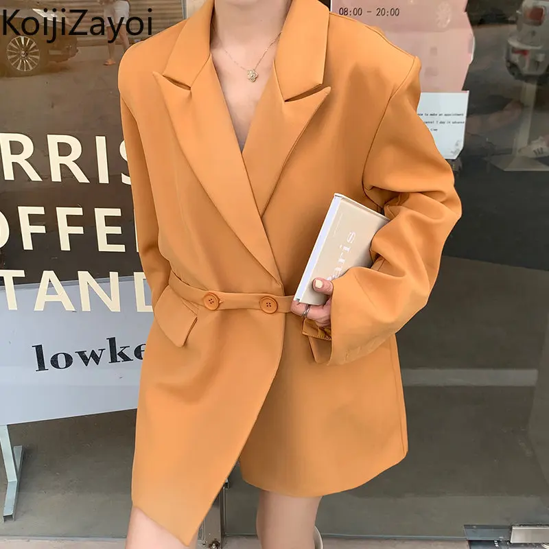 

Koijizayoi Elegant Women Long Blazers Office Lady Striped Belted Coat 2022 Notched All Match Tops Chic Korean Jackets Outwear