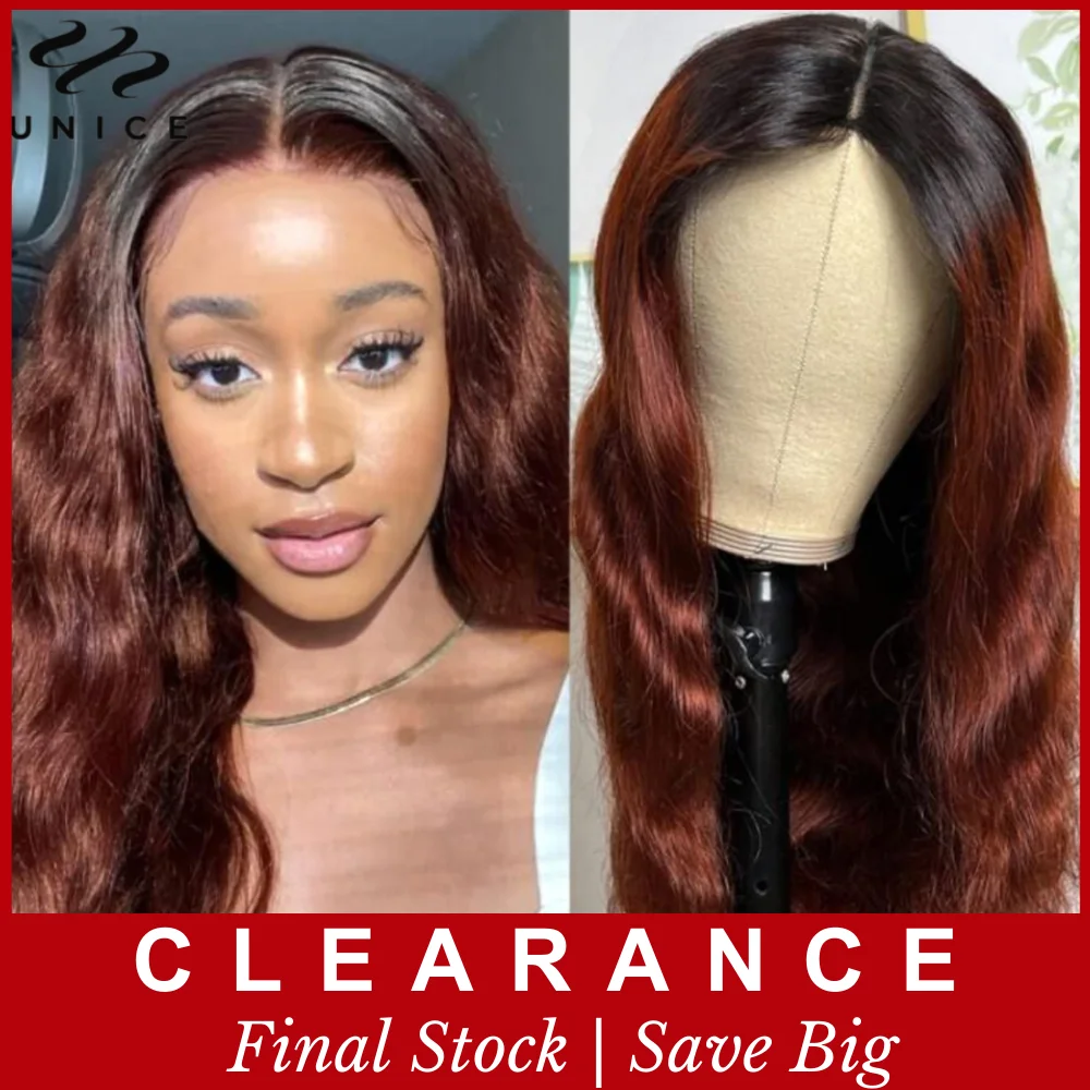 UNice Hair Ombre Body Wave V Part Air Wig Human Hair With Dark Roots Glueless Dark Red Auburn Body Wave Wig Minimal Leave Out