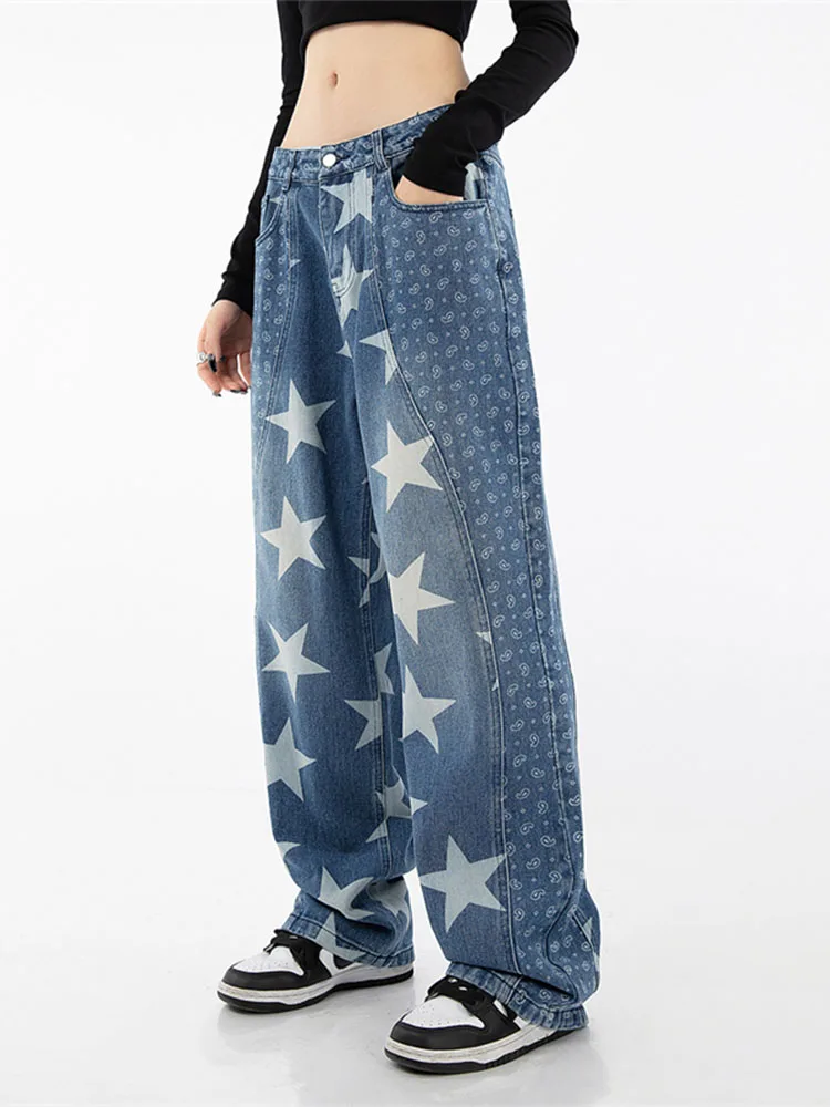 

2022 Printed Baggy Y2K Blue Jeans Women's High Waist jeans 2022 Autumn Winter Oversize Wide Leg Baggy Pants Casual Trousers