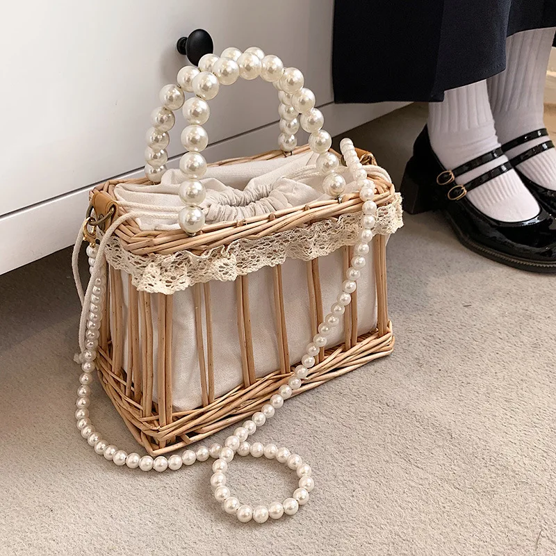 

2022 Wicker Woven Rattan Bag Women Handbags Hollow Beading Pearls Bags for Women 2022 Bohemian Straw Shoulder Bag Beach Bags New