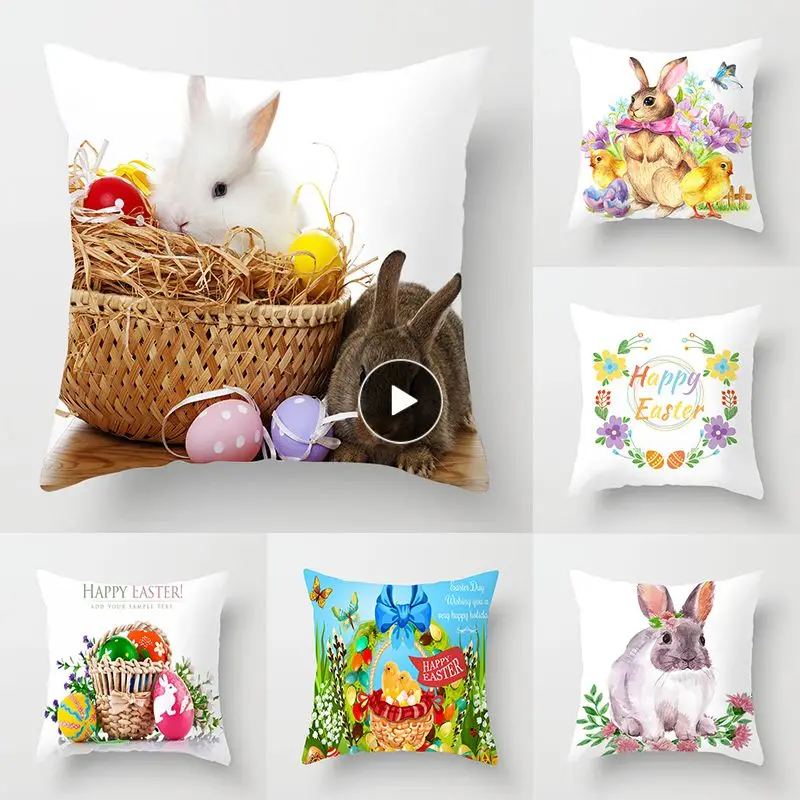 

Spring Easter Pillowcase Cushion Cover Flowers Bunny Eggs Printed Pillow Cover Throw Pillowcase Easter Home Decorations 45x45cm