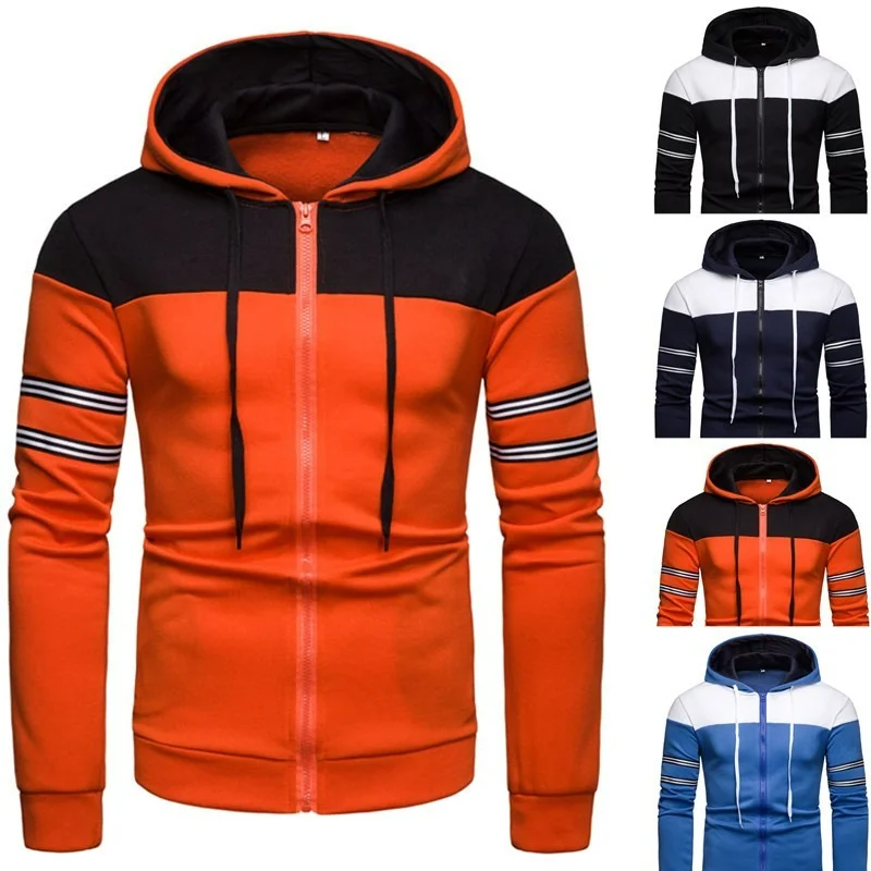 

New Men's Patchwork Hooded Long Sleeve Sweater Casual Multicolor Hooded Zip Cardigan Jacket