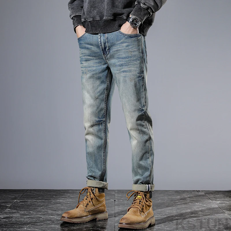 Мужские облегающие джинсы KSTUN эластичные повседневные брюки из денима для