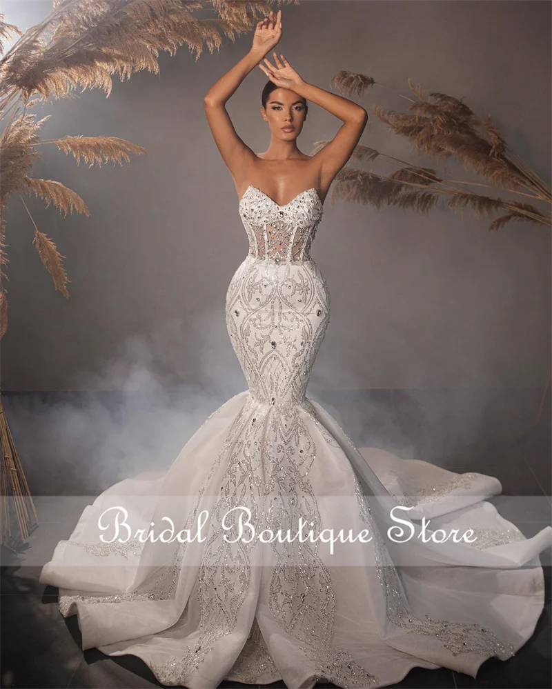 

Luxury Crystal Mermaid Wedding Dress Sweetheart Lace Rhinestone Beaded Sequins Bridal Gowns Court Train Robes De Mariée