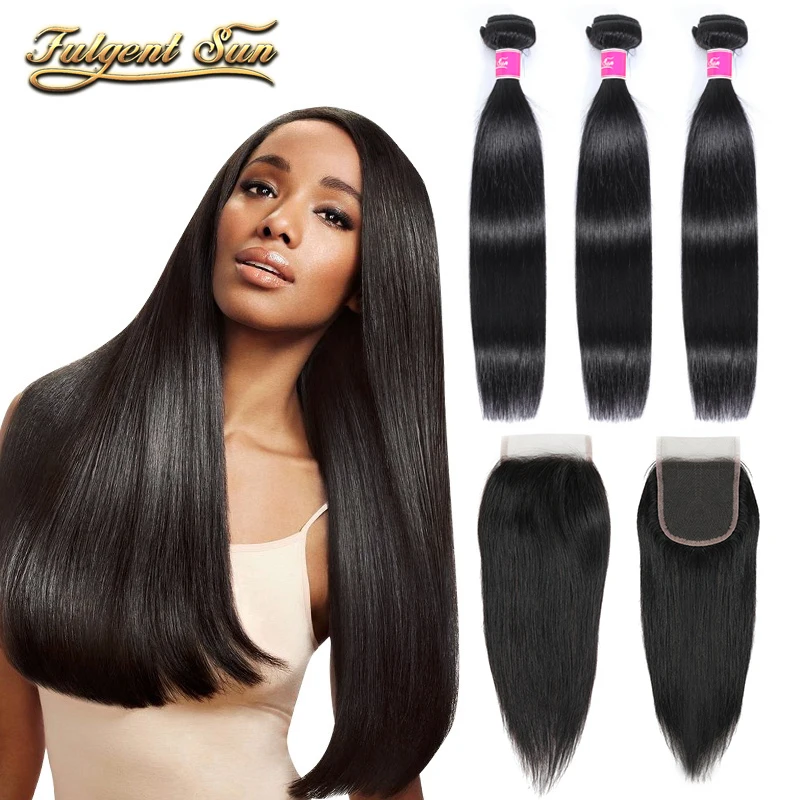

Fullgent Sun Straight Human Hair Bundles With Lace Closure Malaysian Remy HAIR Straight Bundles with Closure 4x4