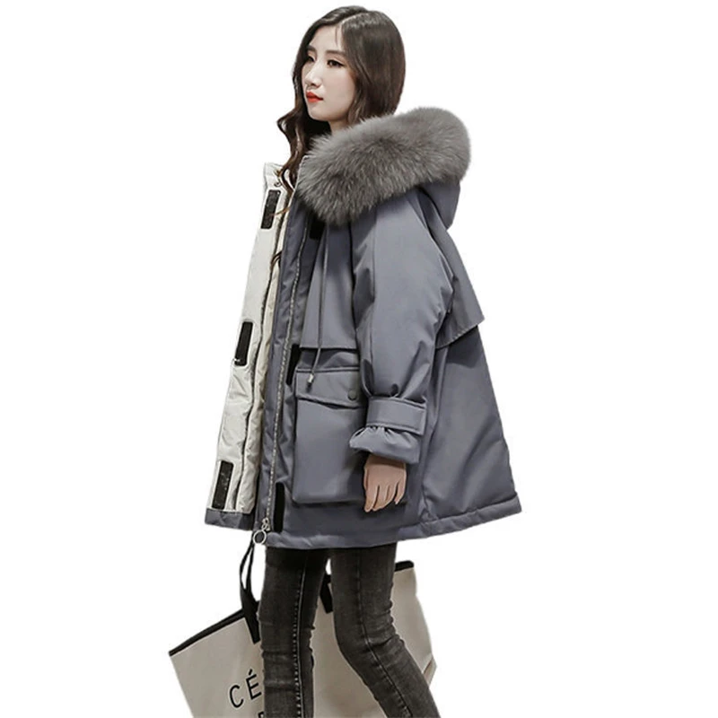 Women Thick Warm Parkas Women New Tops Fluffy Cotton Padded Jacket Winter Coat Lady Bread Clothes Wool Collar Hooded Loose Coat