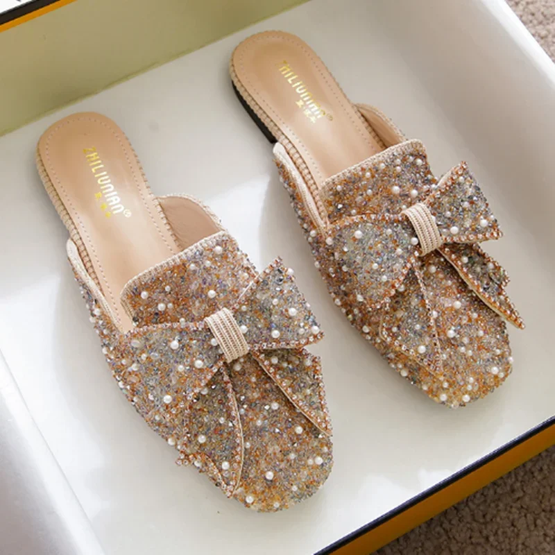 Lady Peal Bow TNew In Slippers Flat Slides For Bare Foot Закрытый носок Черное золото Повседневная обувь