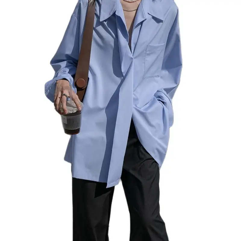 

Simple Dress Shirts Blue Shirt Women's Spring and Autumn New Long-sleeved Loose Design Sense of Small Tops Versatile Shirt S-XXL