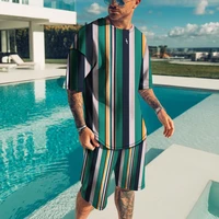 beach casual mens suit plus size striped streetwear fashion t shirt shorts 2 piece set summer clothes outfit for man