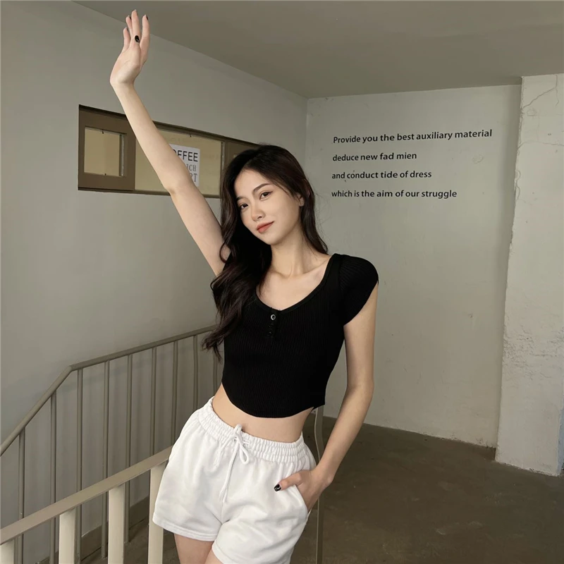 Лето 2022 модные вязаные женские футболки футболка базовая Однотонная с коротким