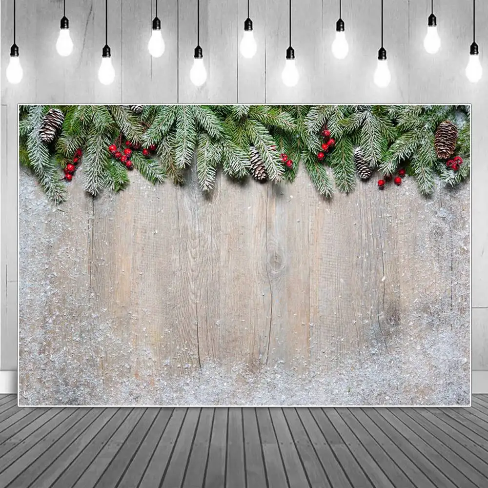 

Christmas Pine Cones Holly Leaves Snow Wooden Board Planks Photography Backdrops Custom Baby Party Decoration Photo Backgrounds