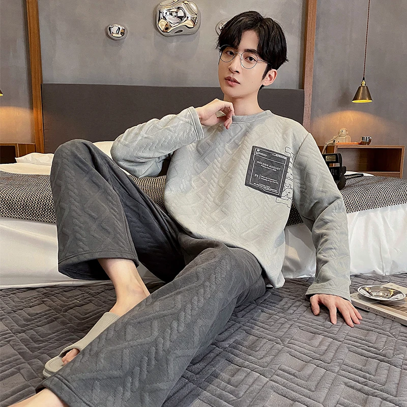 QUHENG Newest 2022 Cotton Pijama for Men 2 Pieces Lounge Sleepwear Autumn Long Sleeved Winter Home Clothes Man Pyjamas Set