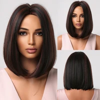 short straight synthetic bob hair wig mixed black red brown highlight wigs for women afro middle part heat resistant cosplay wig